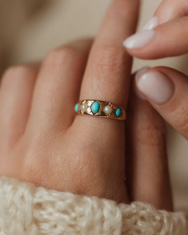 Sylvia Antique 18ct Gold Turquoise & Pearl Five Stone Ring sold by Rock n Rose