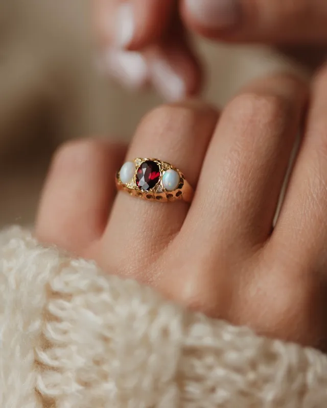 Phillis 1906 Antique 18ct Gold Garnet, Opal & Diamond Ring sold by Rock n Rose