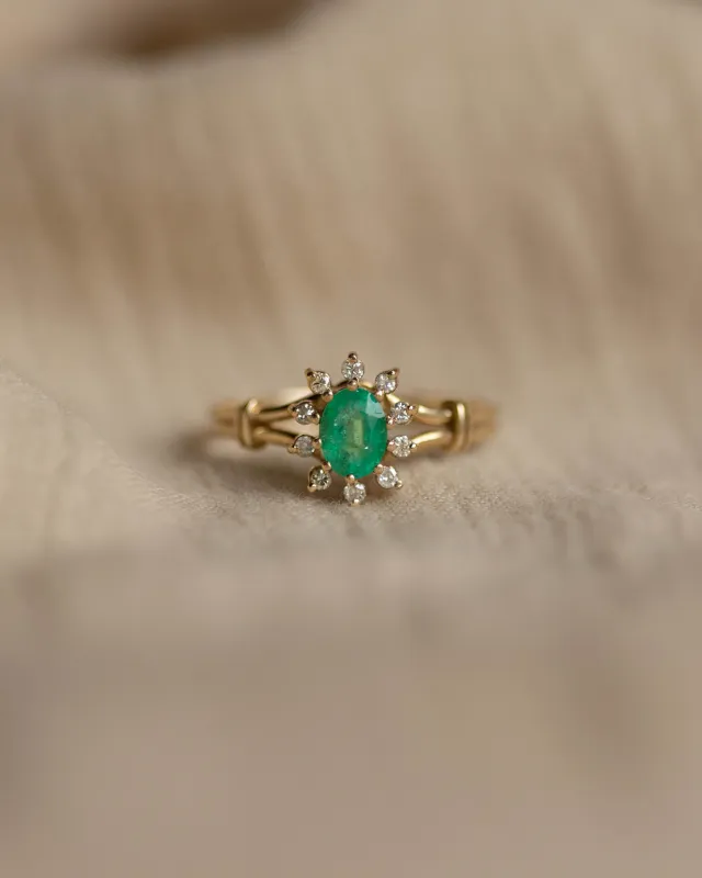 Joyce Vintage 9ct Gold Emerald & Diamond Cluster Ring sold by Rock n Rose