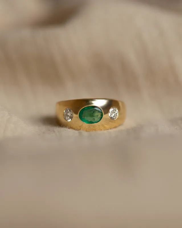 Grace Vintage 18ct Gold Emerald & Diamond Trilogy Rubover Ring sold by Rock n Rose