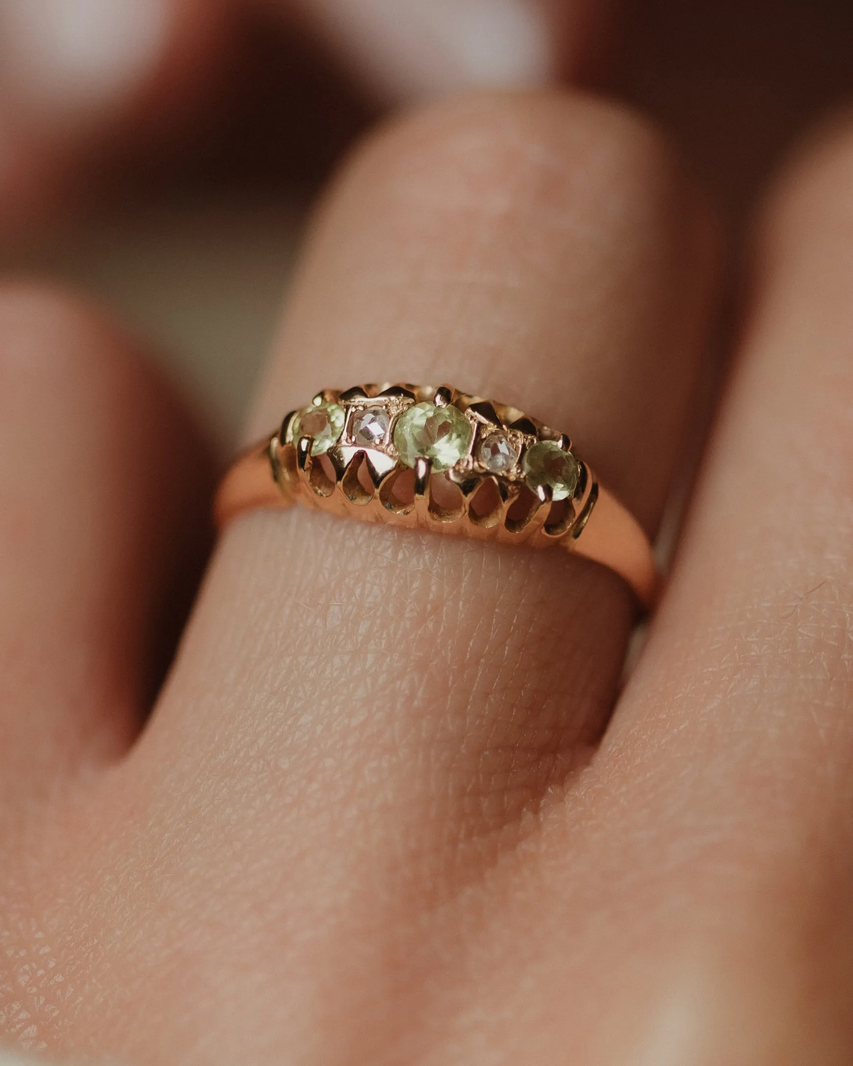 Jacinta 1909 Antique 18ct Gold Peridot & Diamond Five Stone Ring sold by Rock n Rose product image thumbnail 2