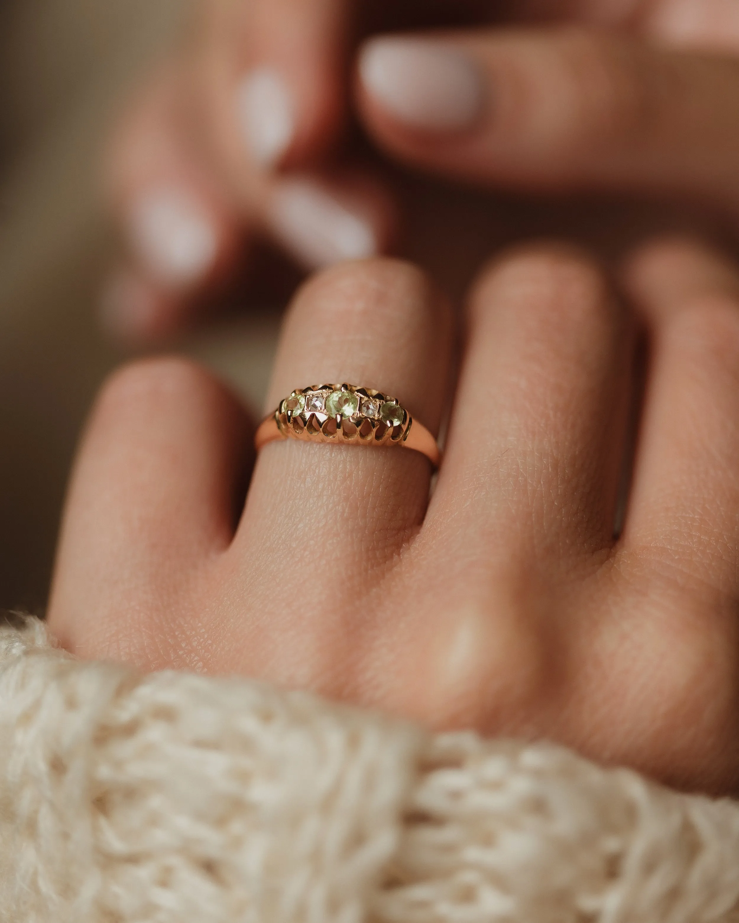 Jacinta 1909 Antique 18ct Gold Peridot & Diamond Five Stone Ring sold by Rock n Rose