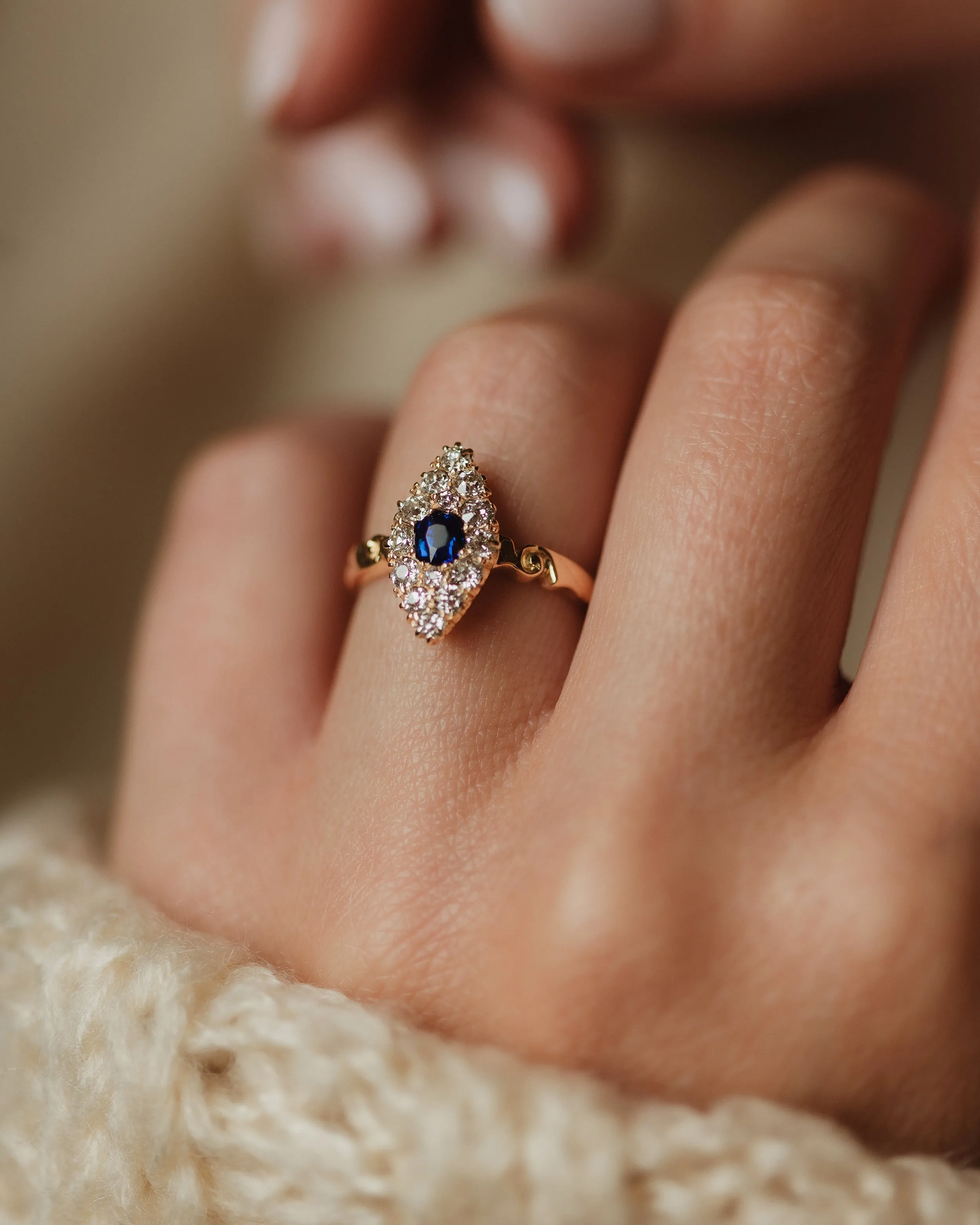 Gardenia 1918 Antique 18ct Gold Sapphire & Diamond Marquise Cluster Ring sold by Rock n Rose product image thumbnail 2