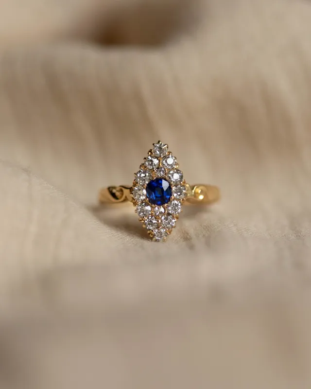Gardenia 1918 Antique 18ct Gold Sapphire & Diamond Marquise Cluster Ring sold by Rock n Rose