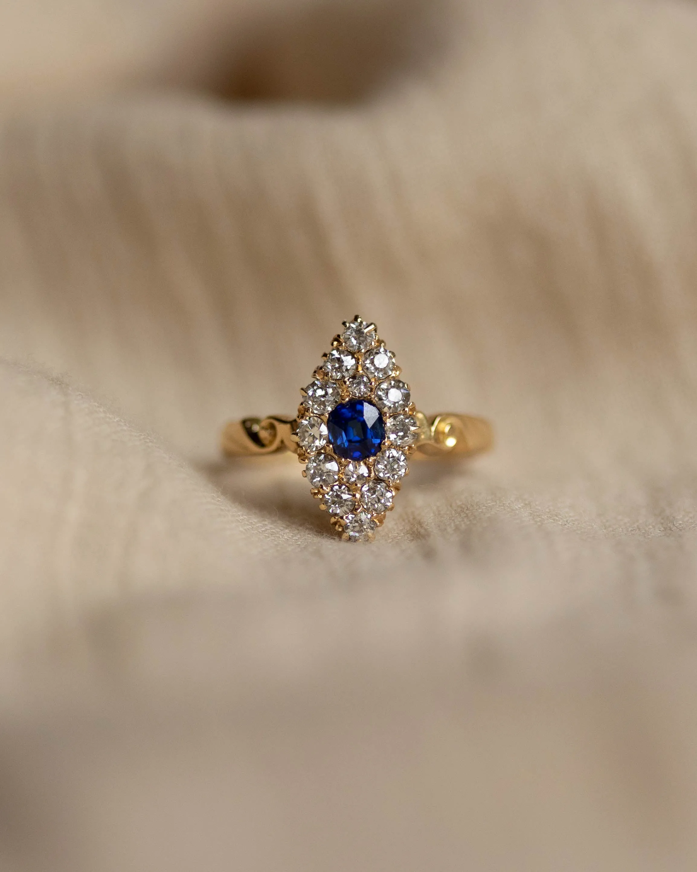 Gardenia 1918 Antique 18ct Gold Sapphire & Diamond Marquise Cluster Ring sold by Rock n Rose