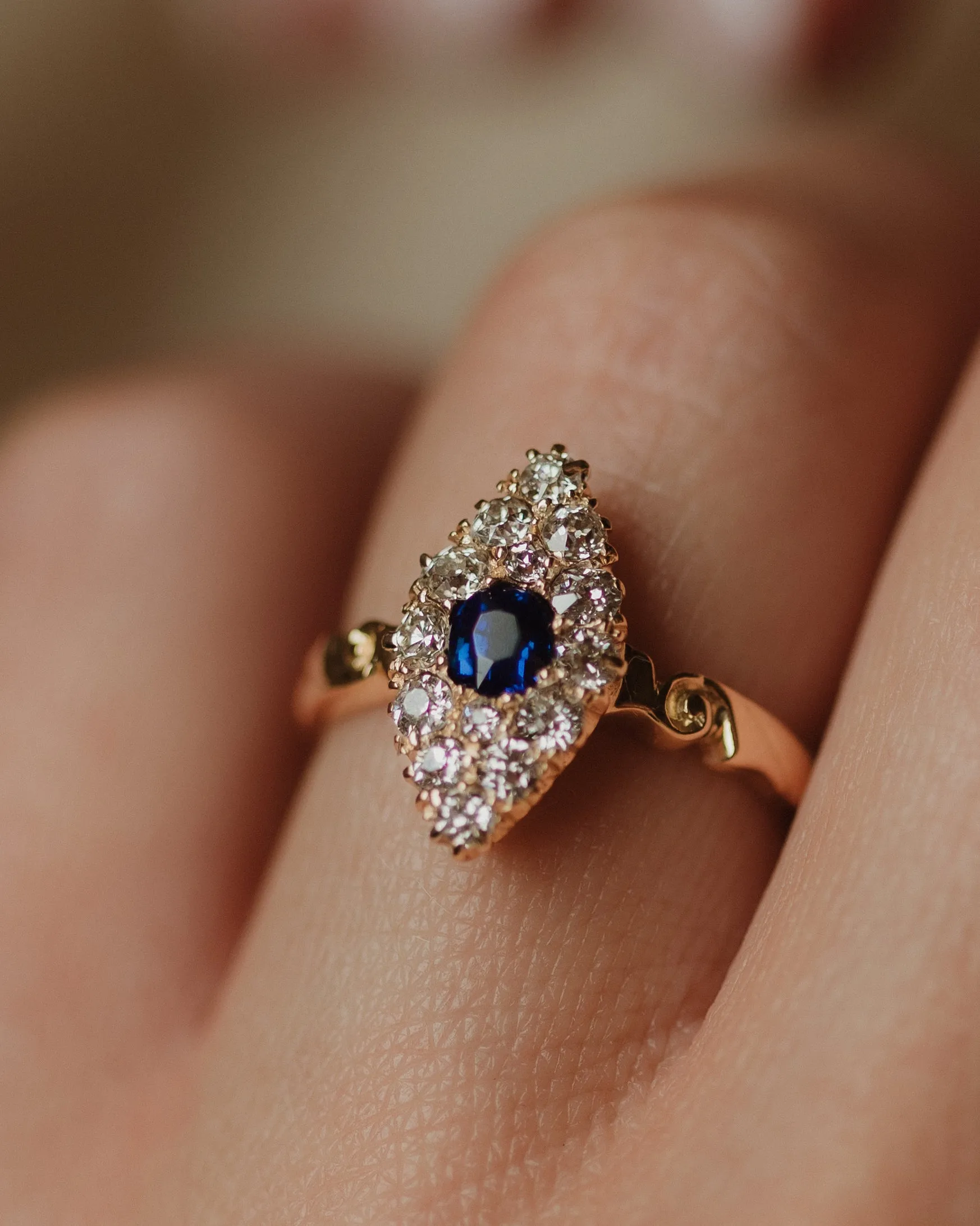 Gardenia 1918 Antique 18ct Gold Sapphire & Diamond Marquise Cluster Ring sold by Rock n Rose product image thumbnail 3