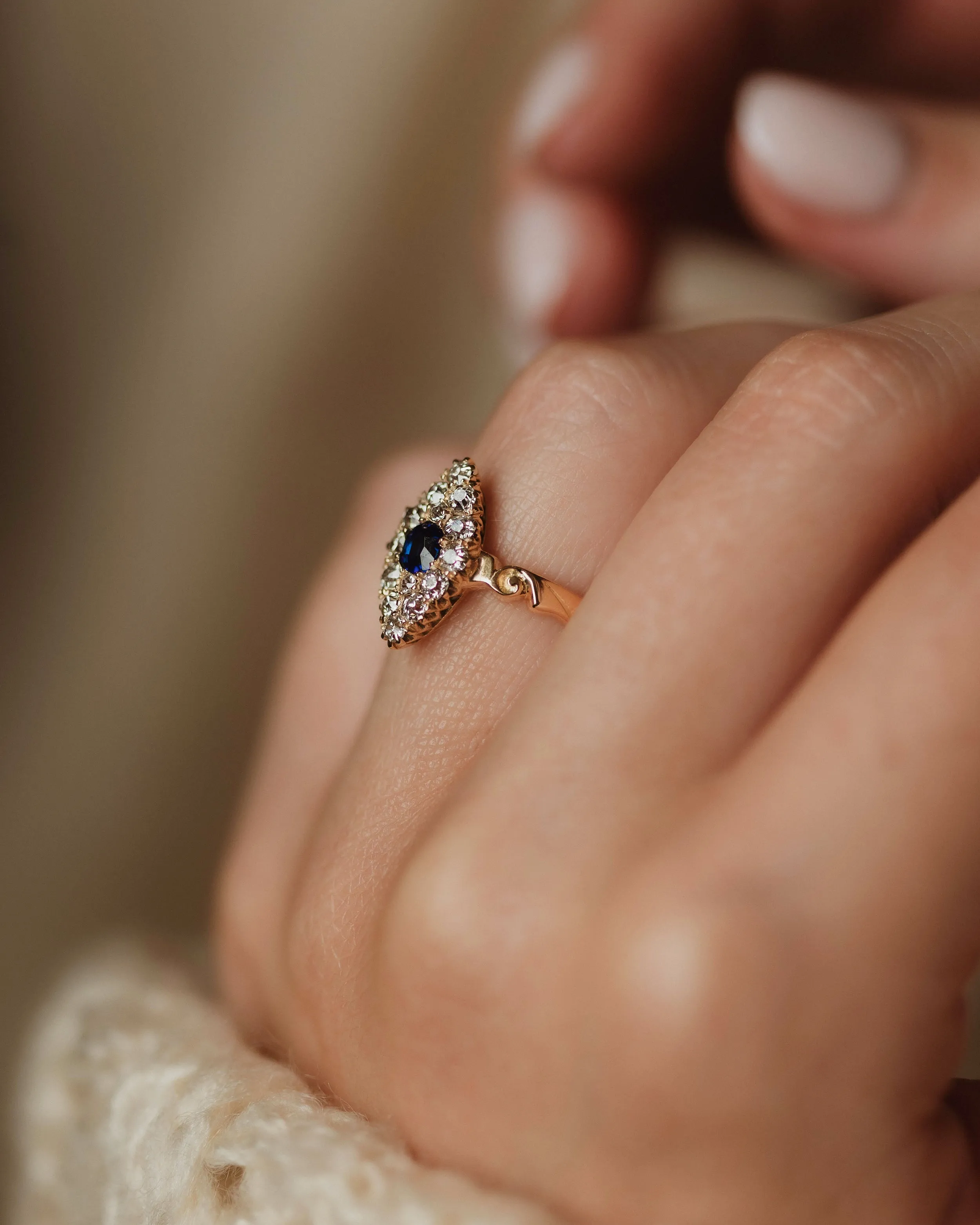 Gardenia 1918 Antique 18ct Gold Sapphire & Diamond Marquise Cluster Ring sold by Rock n Rose product image thumbnail 4