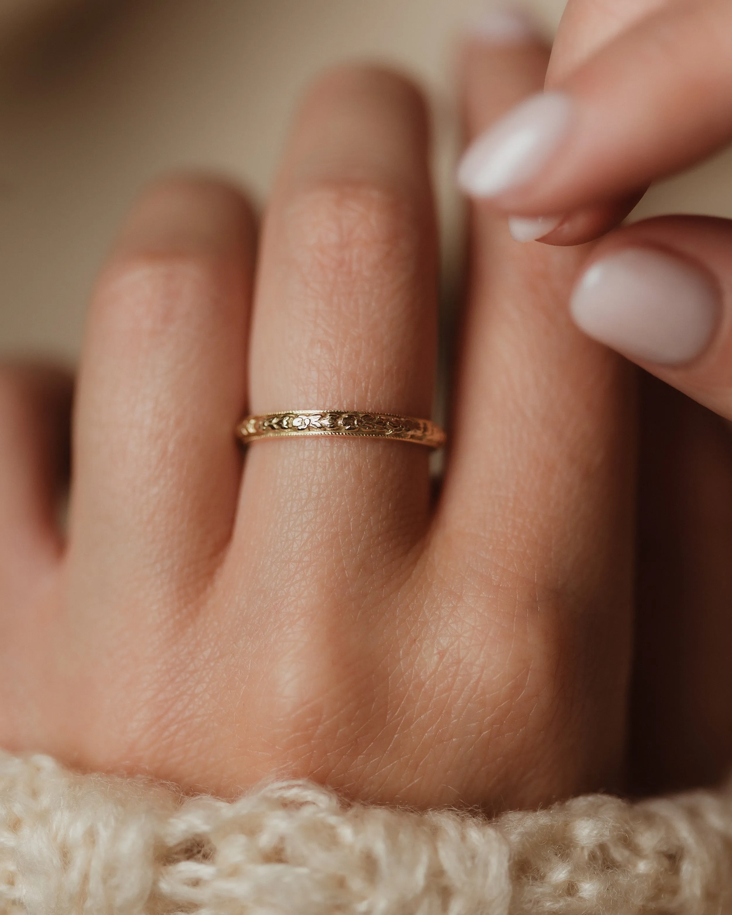 Hortensia 1944 Vintage 9ct Gold Floral Engraved Band Ring sold by Rock n Rose