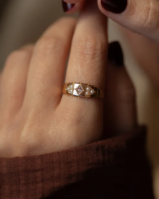 Charline 1894 Antique 15ct Gold Diamond & Pearl Seven Stone Ring sold by Rock n Rose