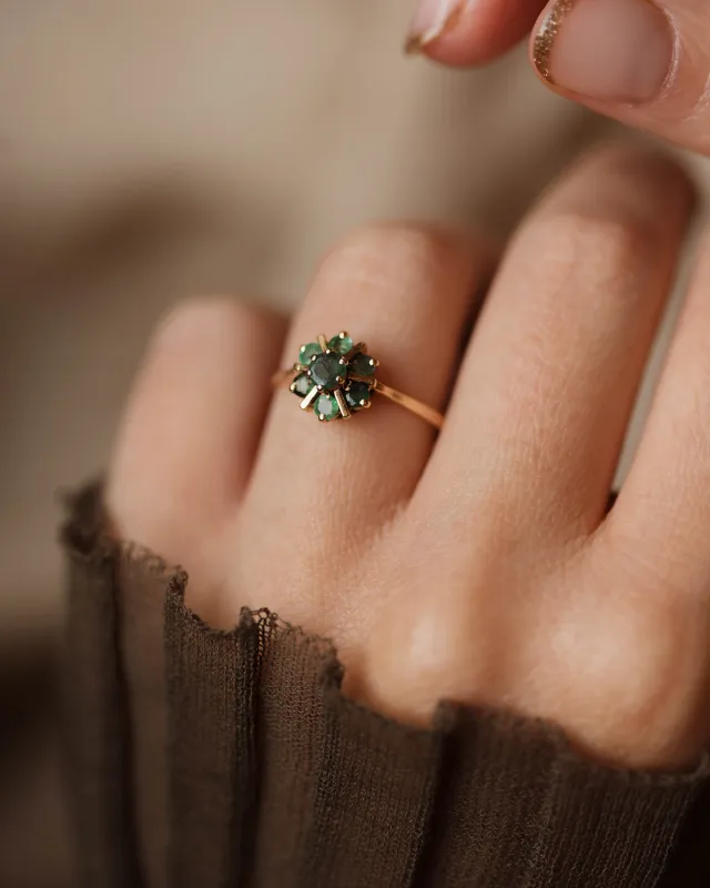 Rosina Vintage 9ct Gold Emerald Cluster Ring sold by Rock n Rose