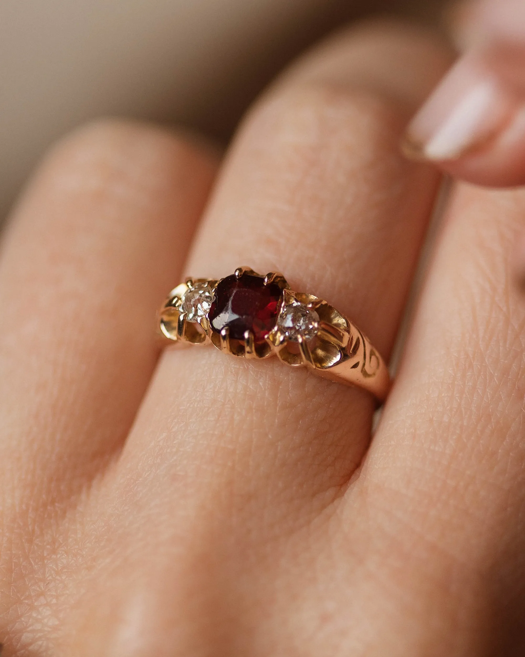 Catalina Antique 9ct Gold Garnet & Diamond Trilogy Ring sold by Rock n Rose product image thumbnail 2