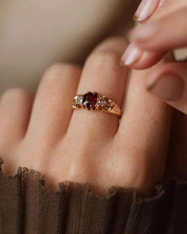 Catalina Antique 9ct Gold Garnet & Diamond Trilogy Ring sold by Rock n Rose