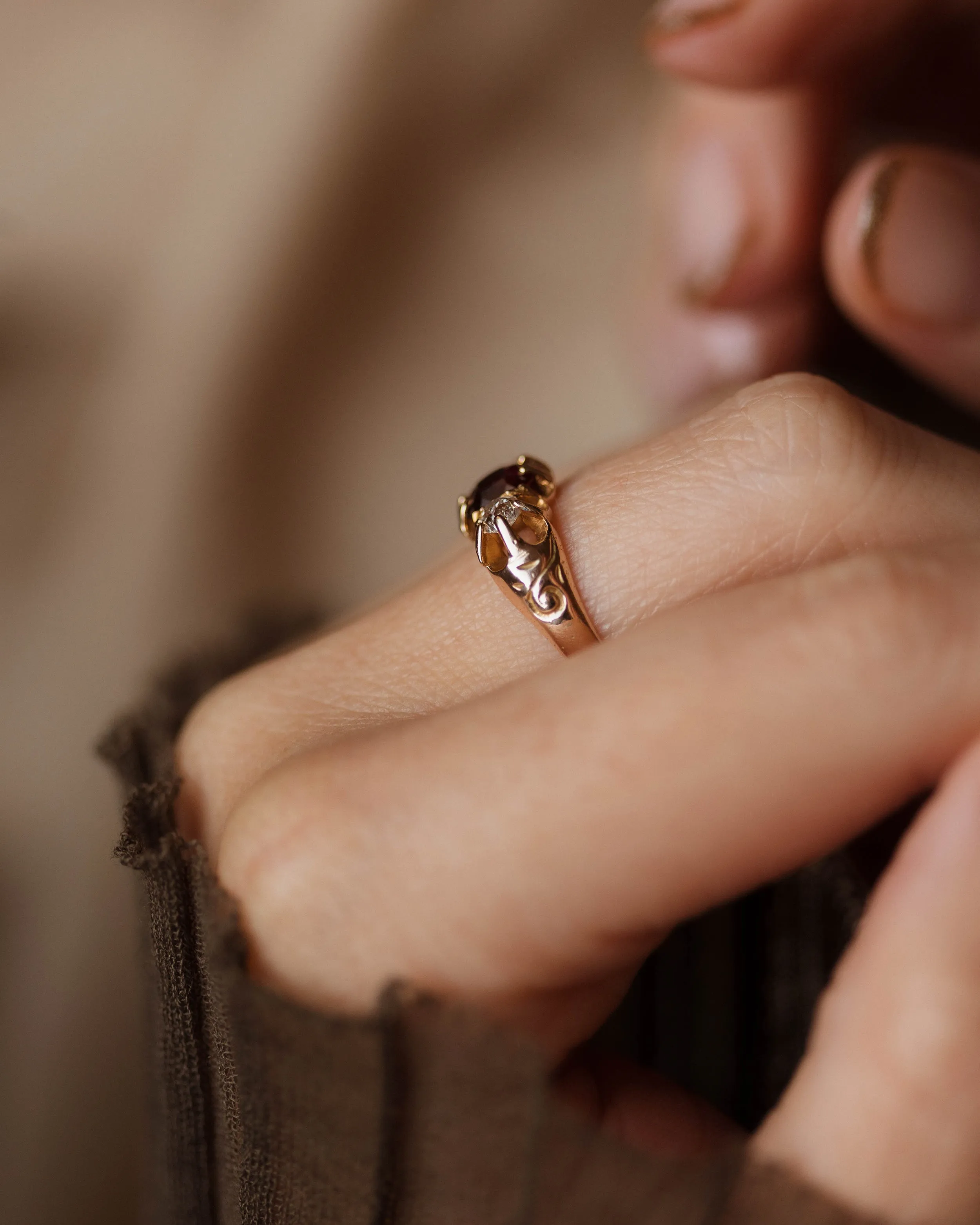 Catalina Antique 9ct Gold Garnet & Diamond Trilogy Ring sold by Rock n Rose product image thumbnail 3