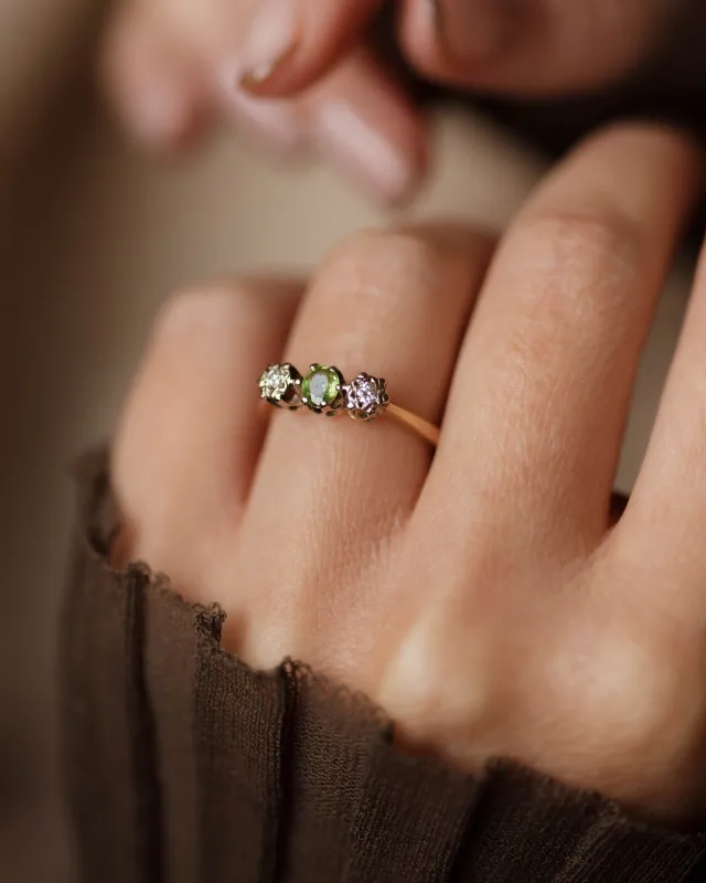 Christiane Vintage 18ct Gold Peridot & Diamond Trilogy Ring sold by Rock n Rose