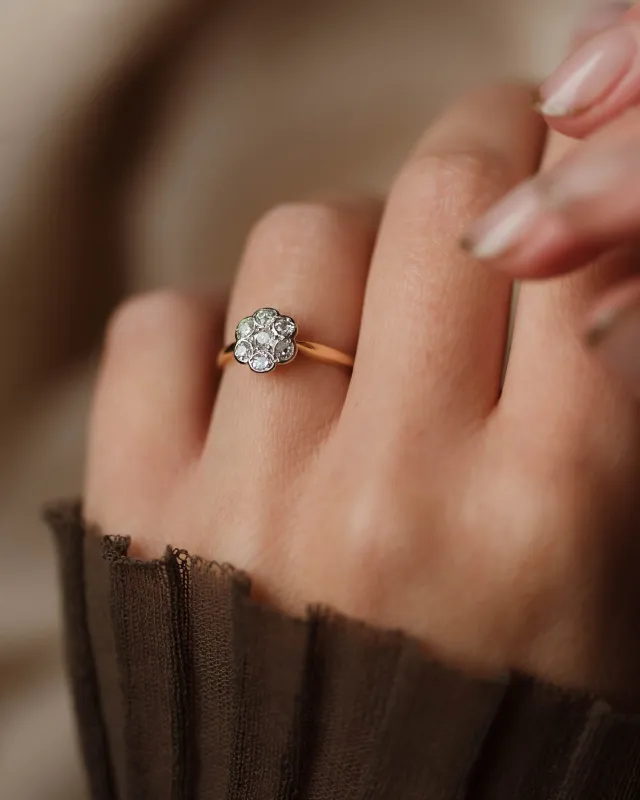 Editha Antique 18ct Gold Diamond Daisy Cluster Ring sold by Rock n Rose