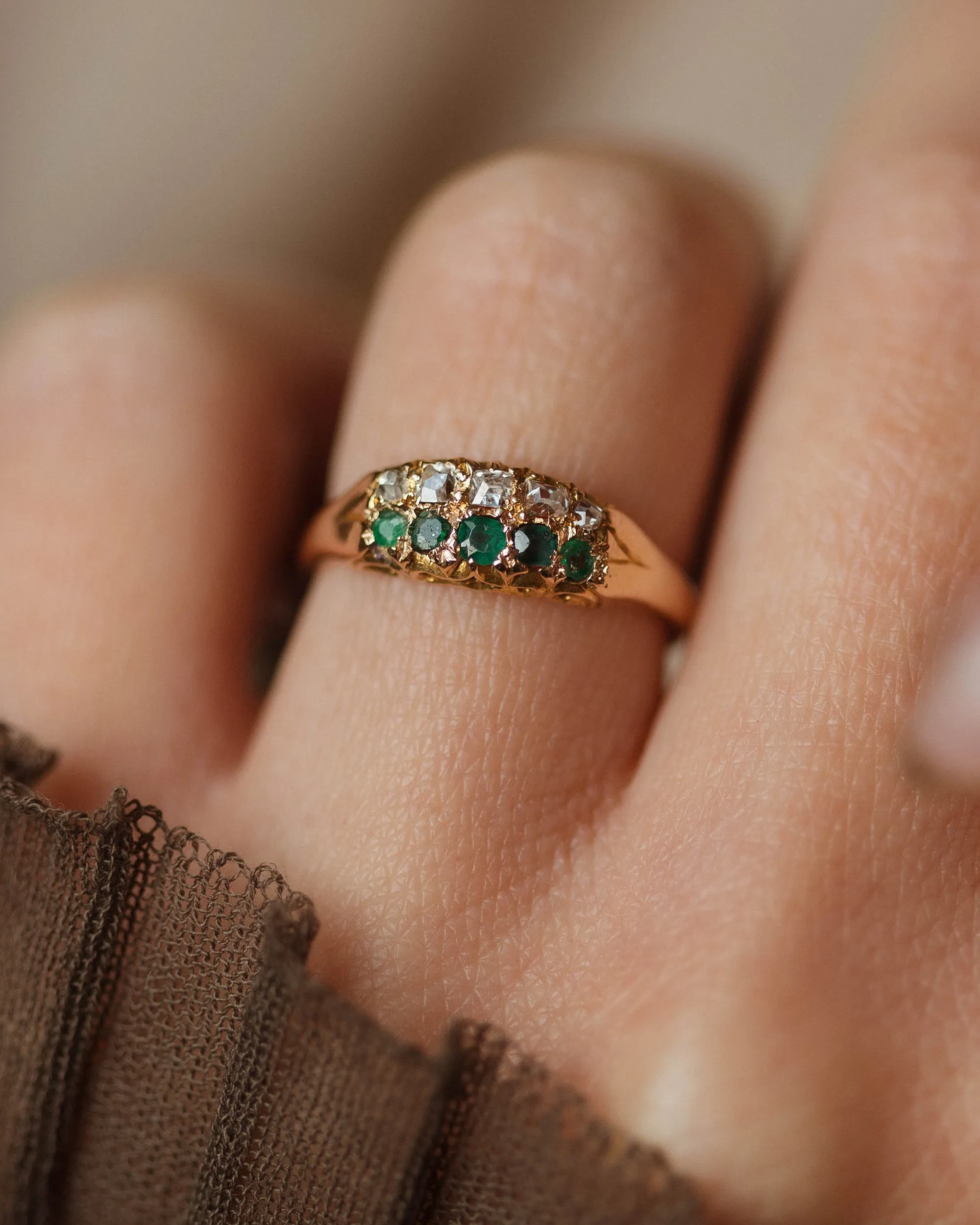 Ellen Antique 18ct Gold Emerald & Diamond Ten Stone Ring sold by Rock n Rose product image thumbnail 2