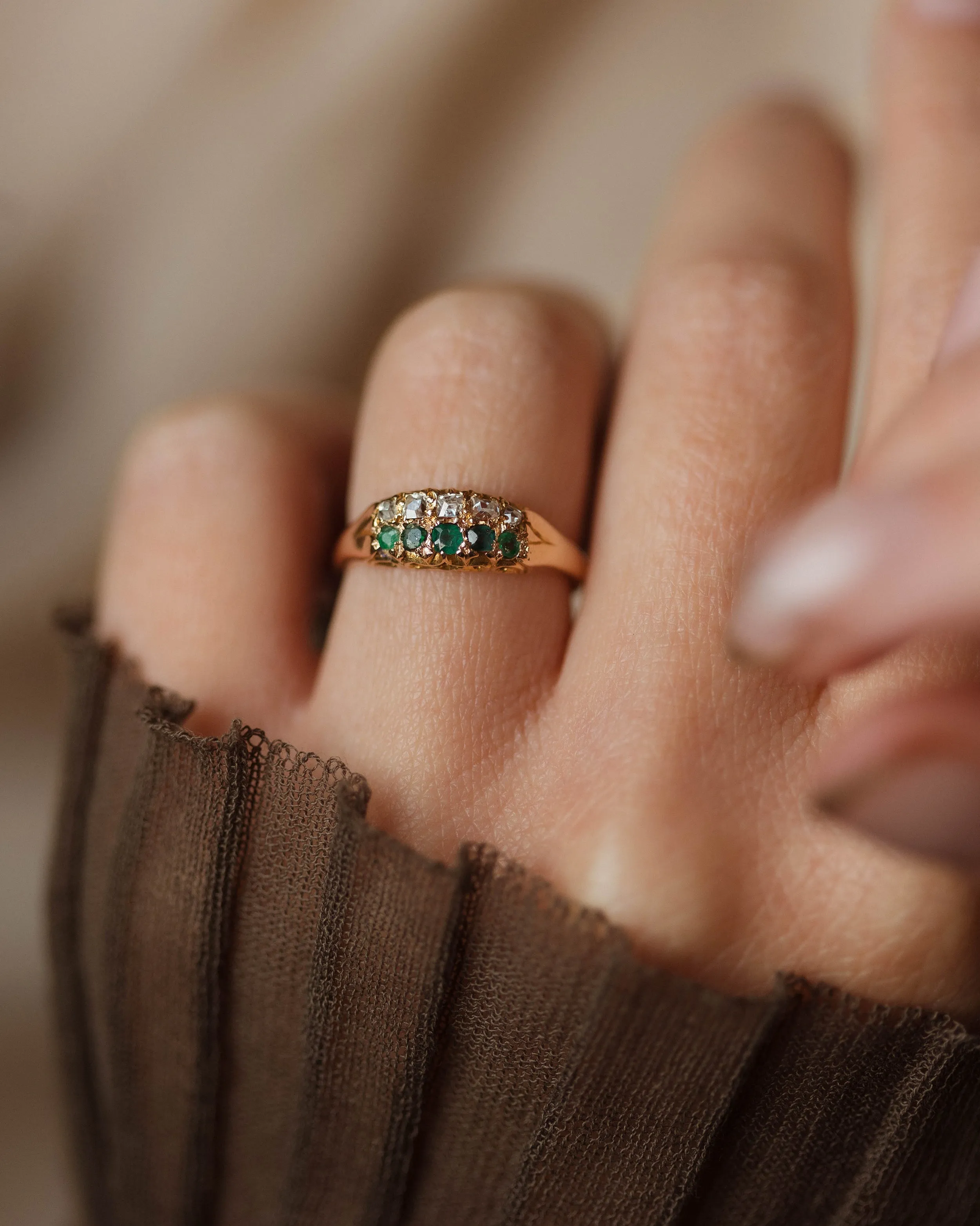 Ellen Antique 18ct Gold Emerald & Diamond Ten Stone Ring sold by Rock n Rose