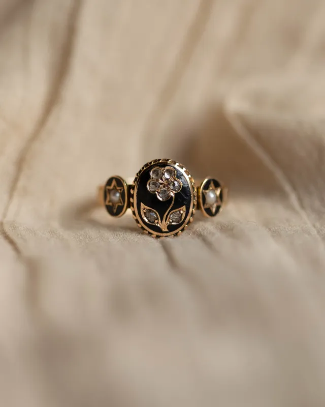 Ernestine Antique 15ct Gold Black Enamel, Pearl & Diamond Mourning Ring made by Rock n Rose
