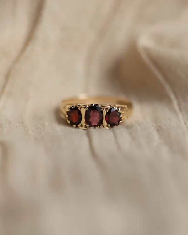 Harriet 1975 Vintage 9ct Gold Garnet Trilogy Ring sold by Rock n Rose