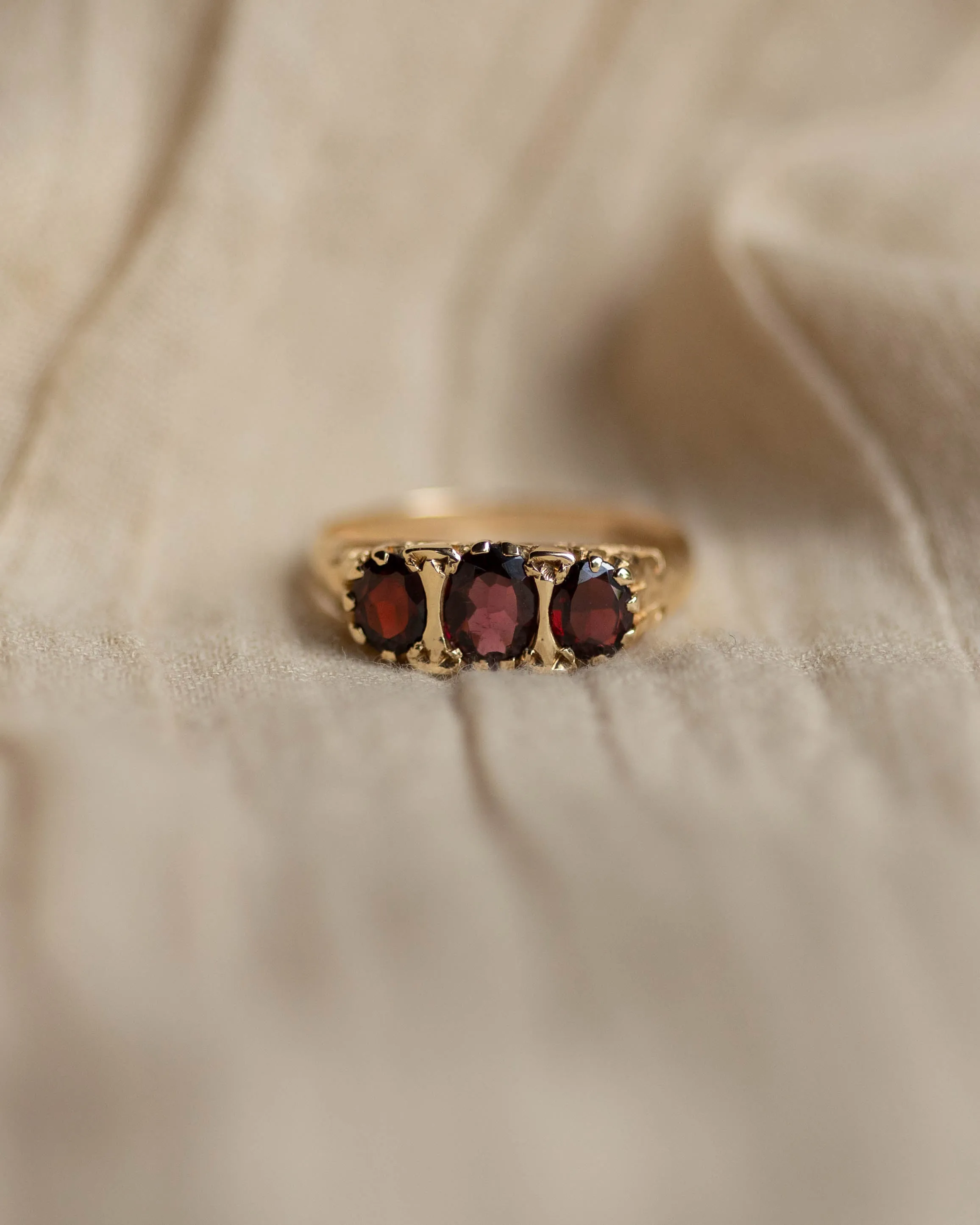 Harriet 1975 Vintage 9ct Gold Garnet Trilogy Ring sold by Rock n Rose