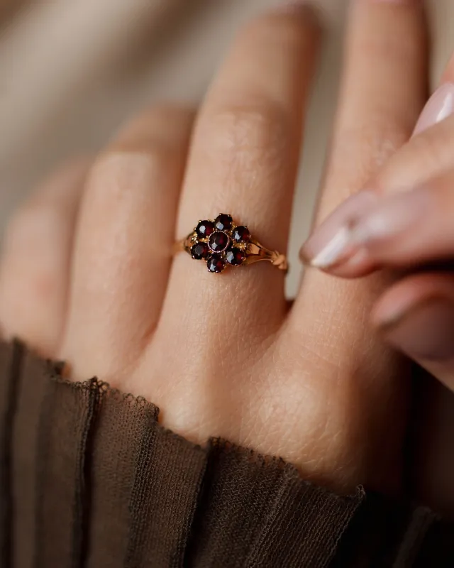 Paulette Antique 9ct Gold Garnet Daisy Cluster Ring sold by Rock n Rose