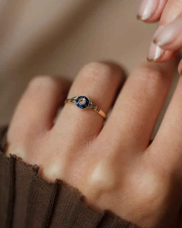 Thérèse Antique Art Deco 18ct Gold Sapphire & Diamond Target Ring sold by Rock n Rose