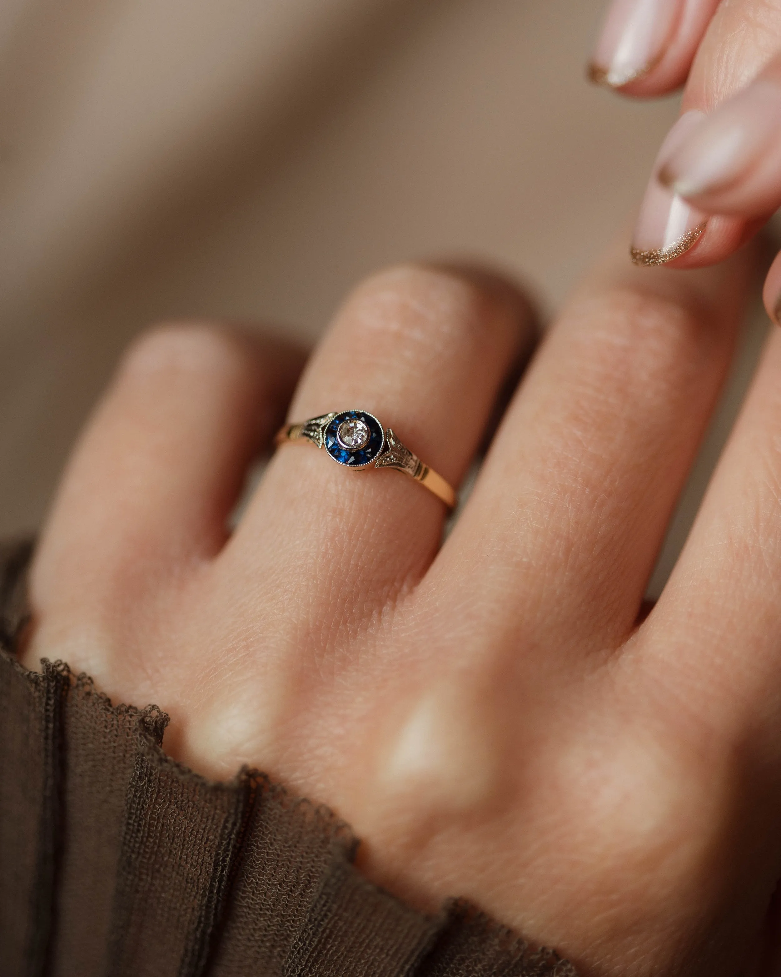Thérèse Antique Art Deco 18ct Gold Sapphire & Diamond Target Ring sold by Rock n Rose