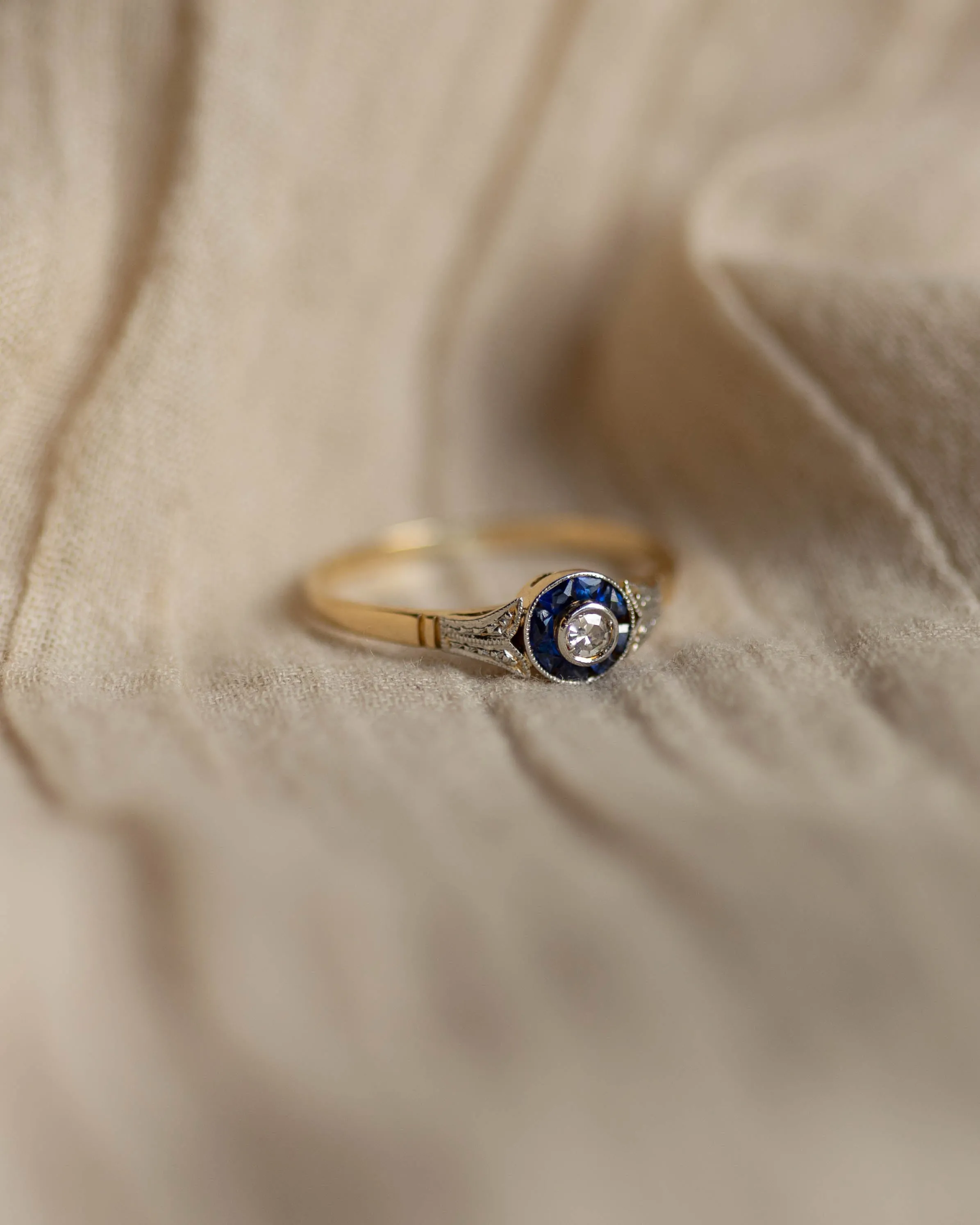 Thérèse Antique Art Deco 18ct Gold Sapphire & Diamond Target Ring sold by Rock n Rose product image thumbnail 5