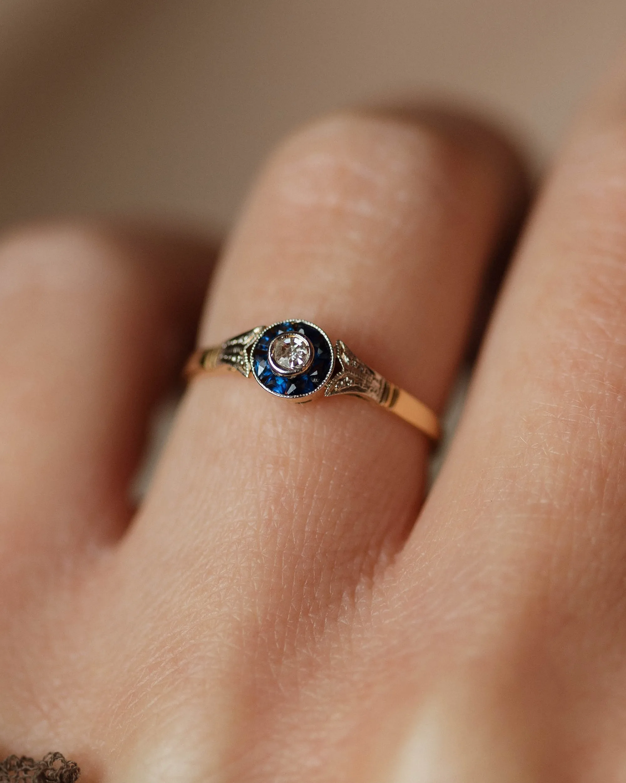 Thérèse Antique Art Deco 18ct Gold Sapphire & Diamond Target Ring sold by Rock n Rose product image thumbnail 2