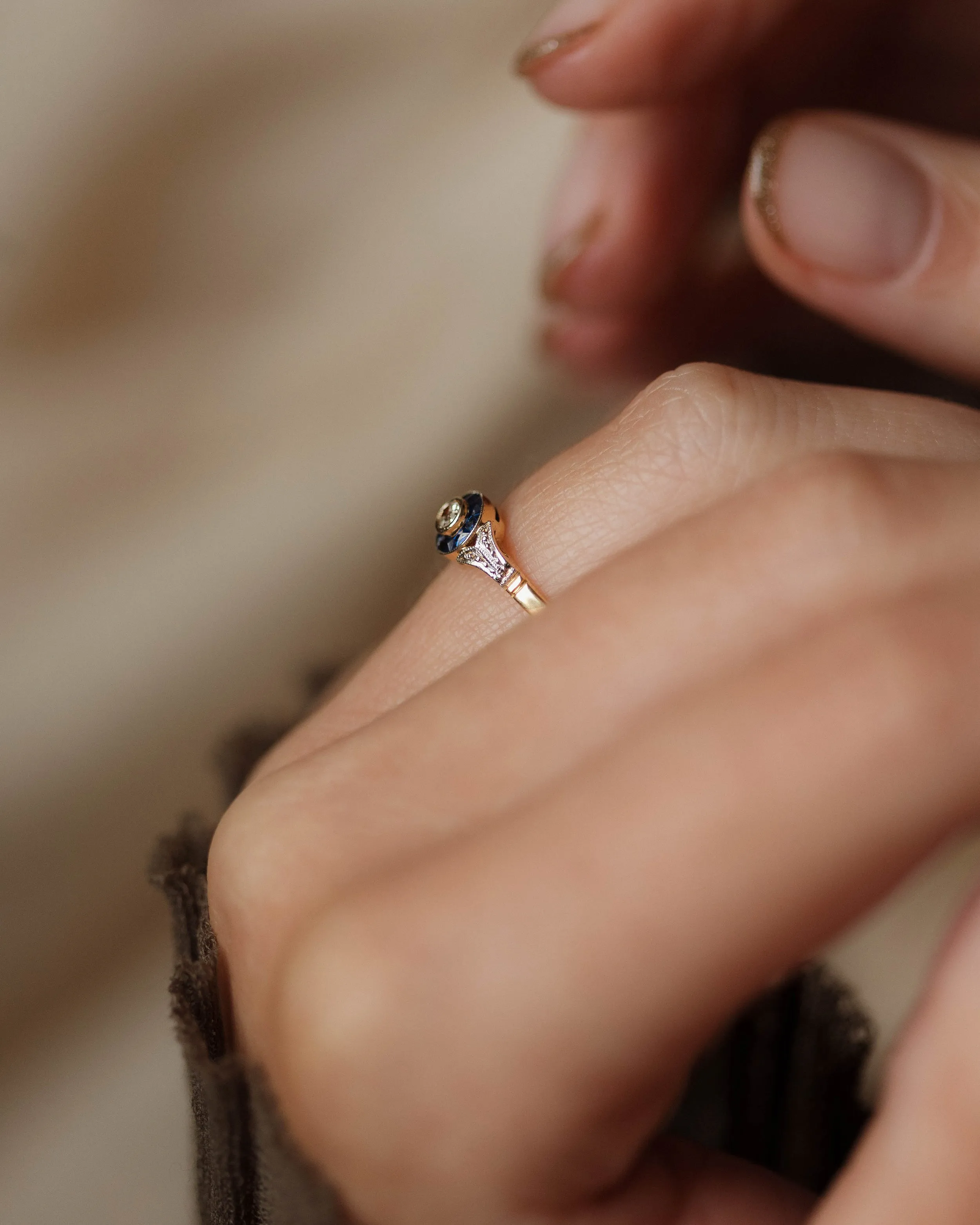 Thérèse Antique Art Deco 18ct Gold Sapphire & Diamond Target Ring sold by Rock n Rose product image thumbnail 3