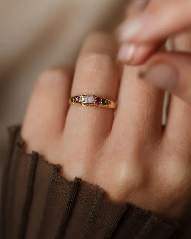 Olga Antique 18ct Gold Adore Acrostic Five Stone Ring sold by Rock n Rose