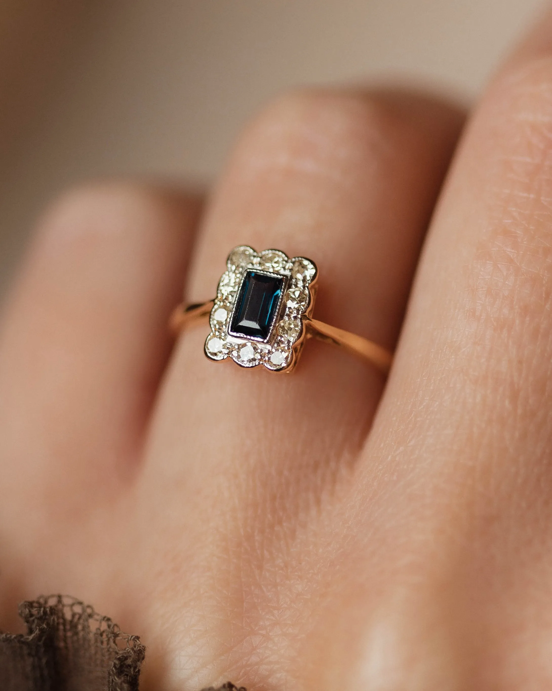 Éliane Antique 18ct Gold Sapphire & Diamond Rectangular Cluster Ring sold by Rock n Rose product image thumbnail 2