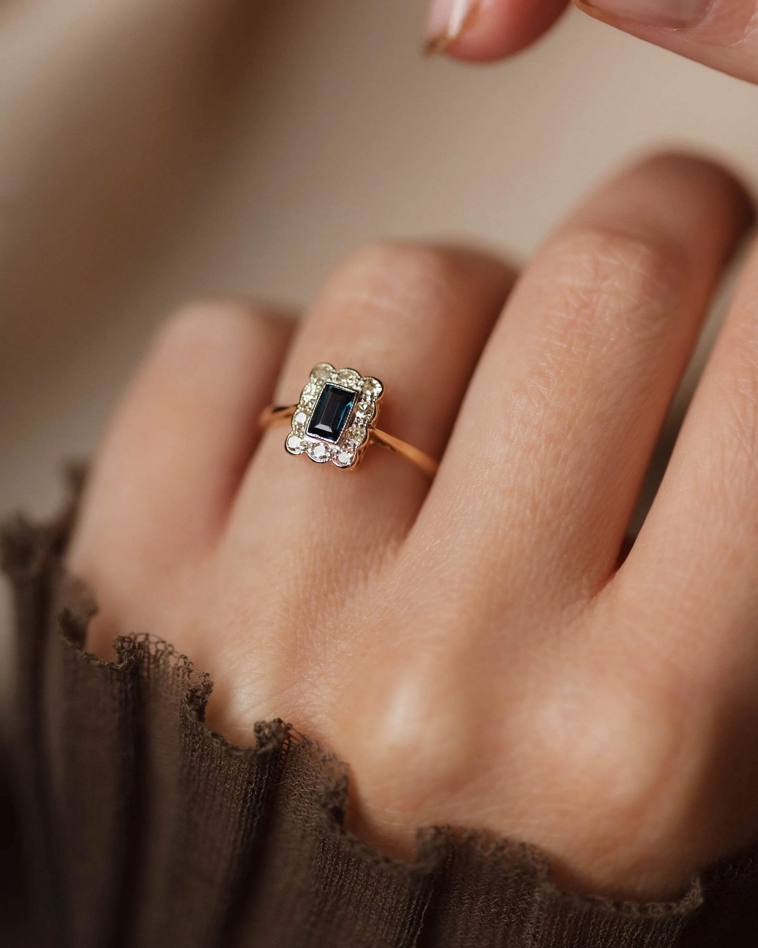 Éliane Antique 18ct Gold Sapphire & Diamond Rectangular Cluster Ring sold by Rock n Rose