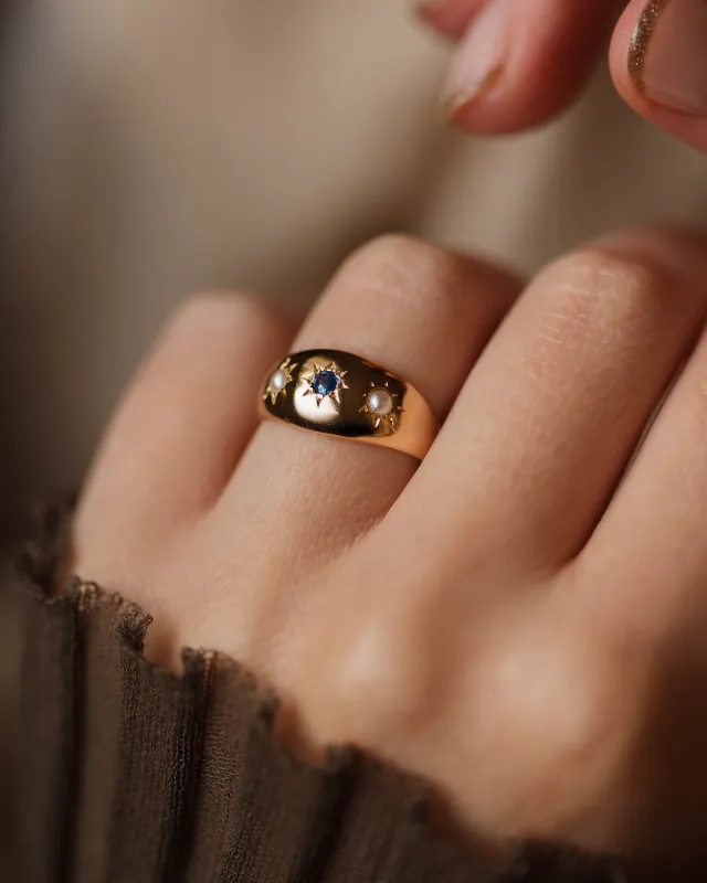 Janet Antique 18ct Gold Star Set Sapphire & Pearl Trilogy Ring sold by Rock n Rose