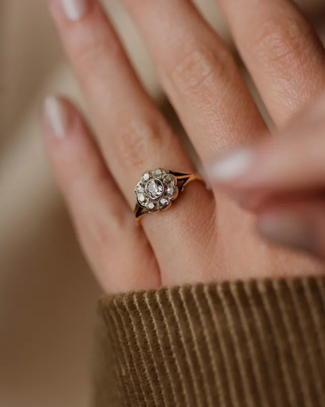 Sybil Antique Edwardian 9ct Gold Diamond Daisy Cluster Ring sold by Rock n Rose