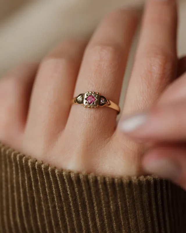 Penelope 1991 Vintage 9ct Gold Ruby & Diamond Trilogy Ring sold by Rock n Rose