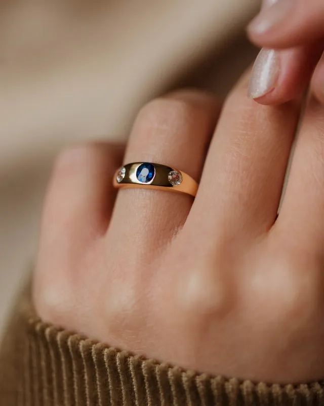Hermine Antique 18ct Gold Sapphire & Diamond Trilogy Rubover Ring sold by Rock n Rose