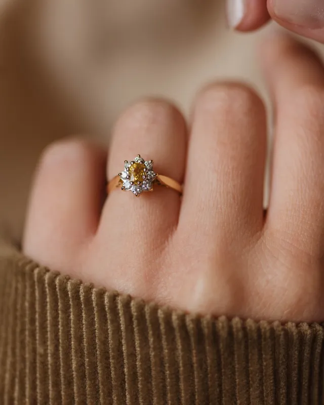 Clarisse 1987 Vintage 18ct Gold Yellow Sapphire & Diamond Cluster Ring sold by Rock n Rose