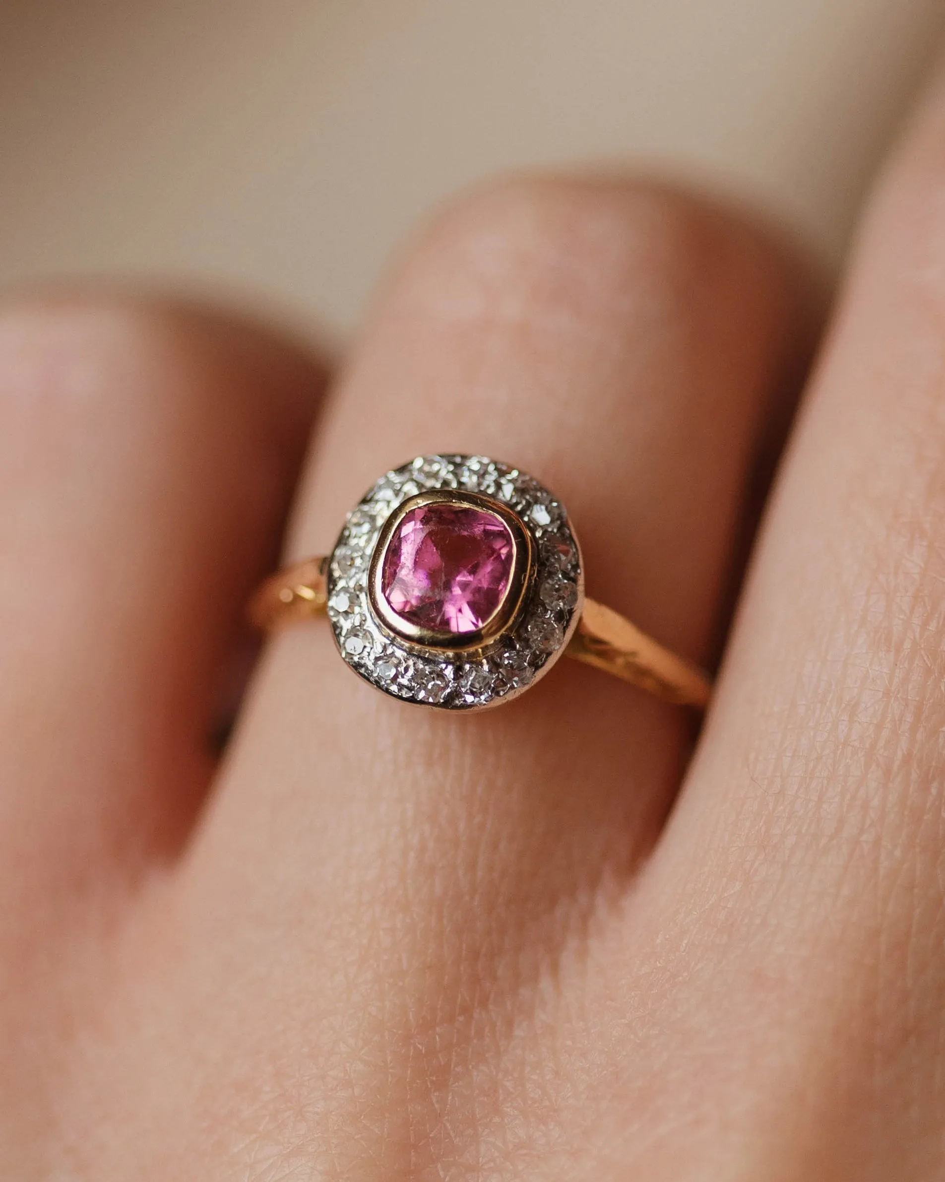 Almina Antique 18ct Gold Pink Tourmaline & Diamond Cluster Ring sold by Rock n Rose product image thumbnail 2