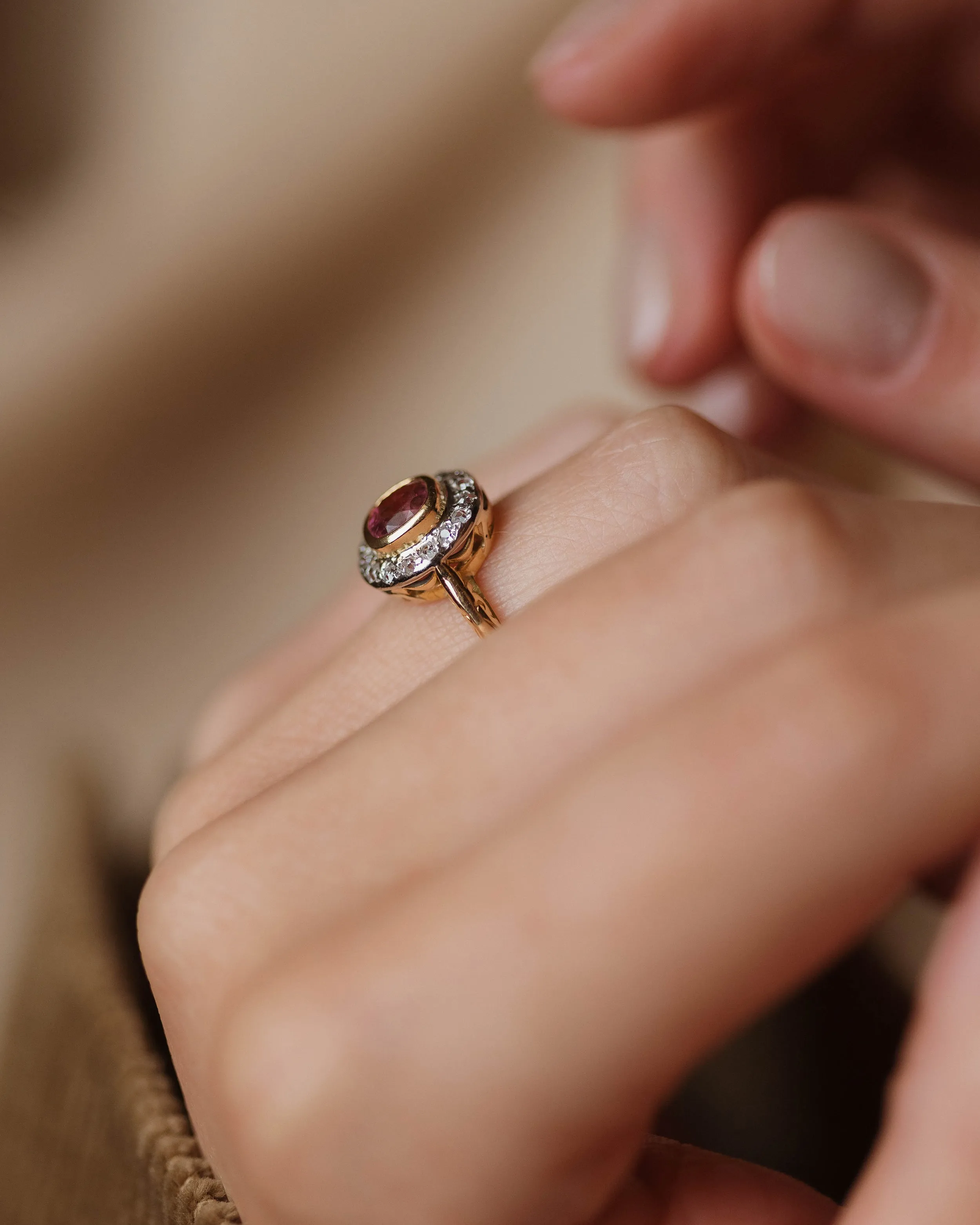 Almina Antique 18ct Gold Pink Tourmaline & Diamond Cluster Ring sold by Rock n Rose product image thumbnail 4