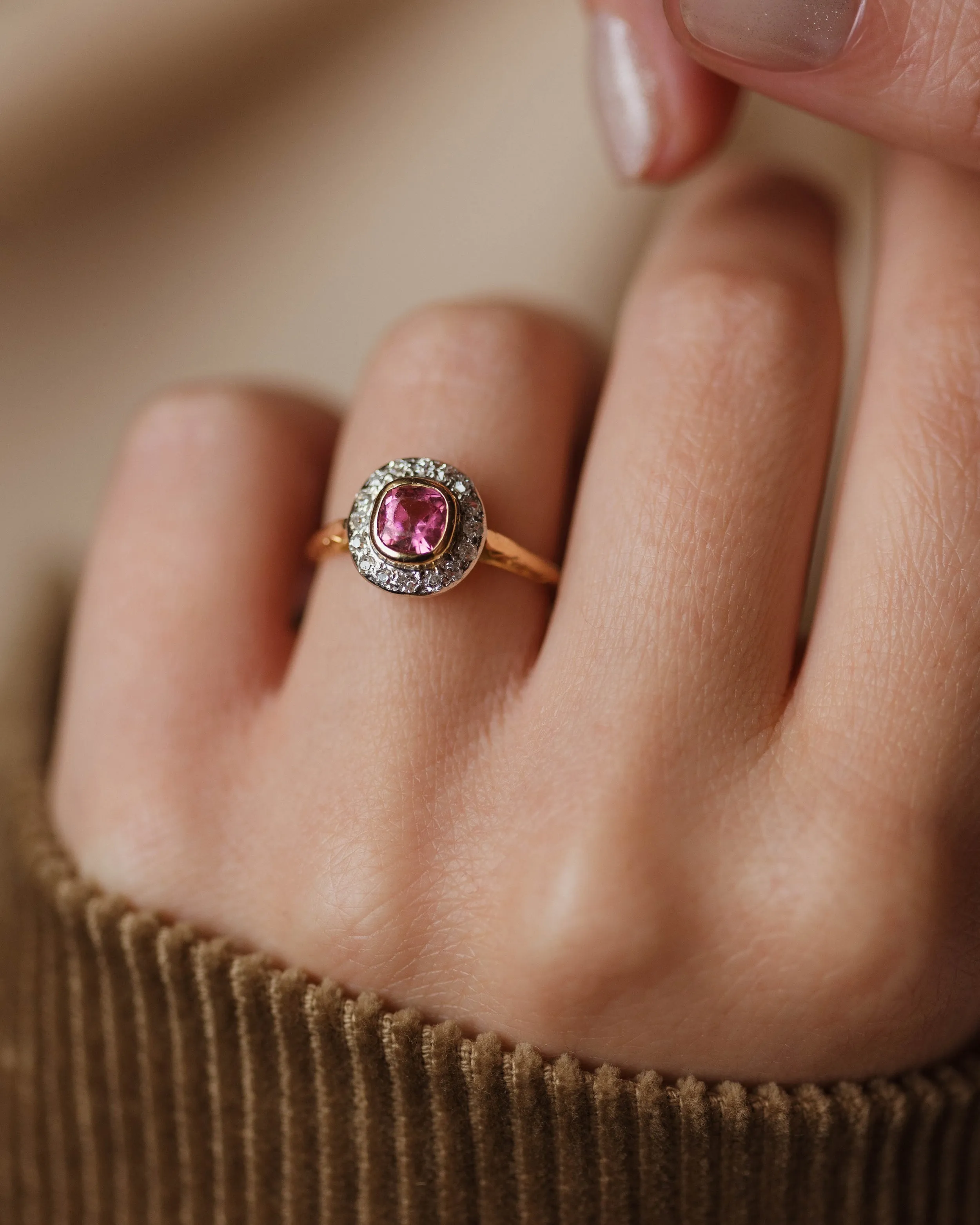 Almina Antique 18ct Gold Pink Tourmaline & Diamond Cluster Ring sold by Rock n Rose