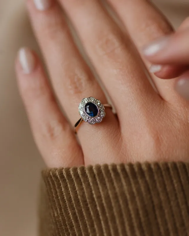 Temperance Antique Art Deco 18ct Gold Sapphire & Diamond Cluster Ring sold by Rock n Rose