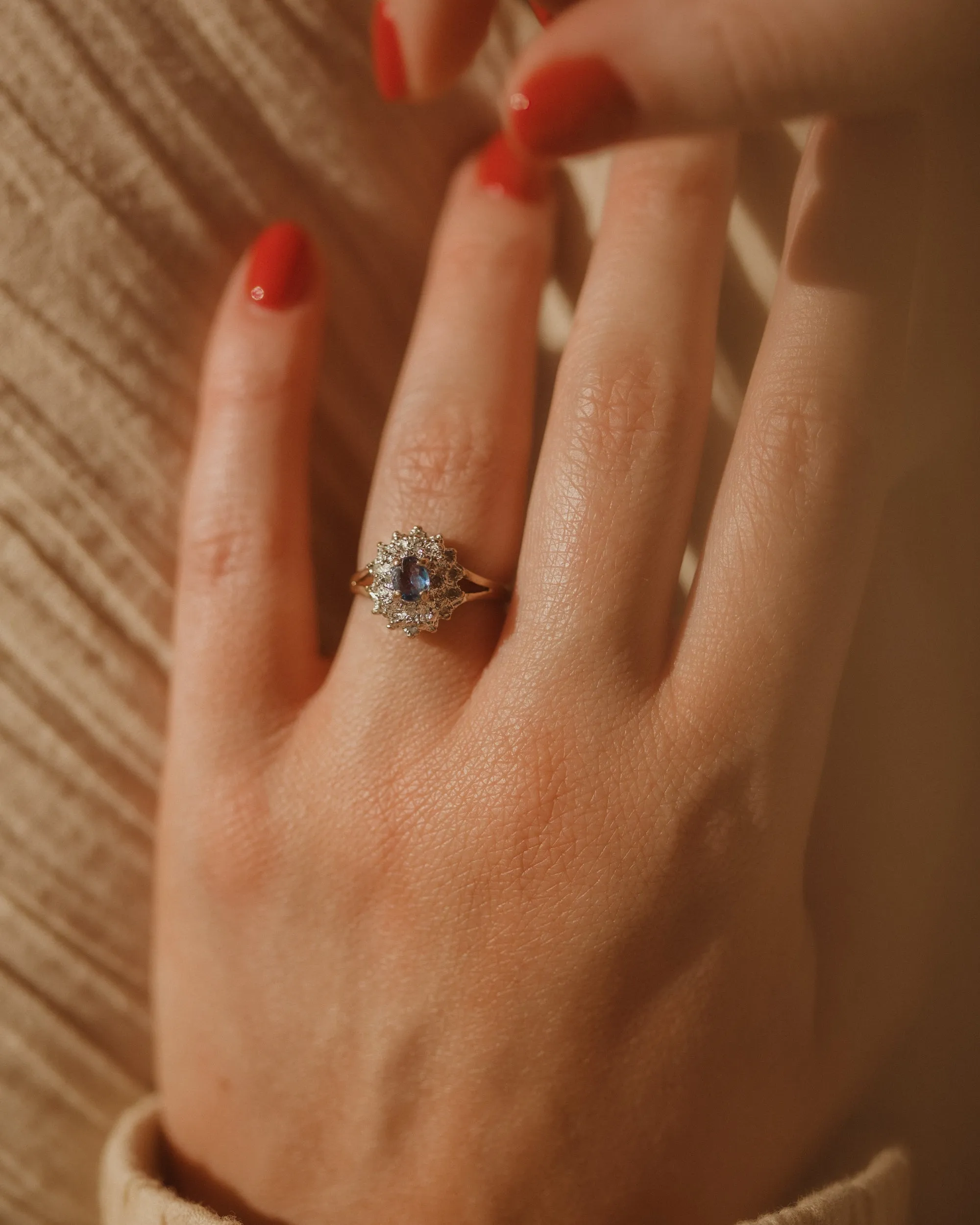 Colette Vintage 9ct Gold Blue Topaz & Diamond Ring sold by Rock n Rose