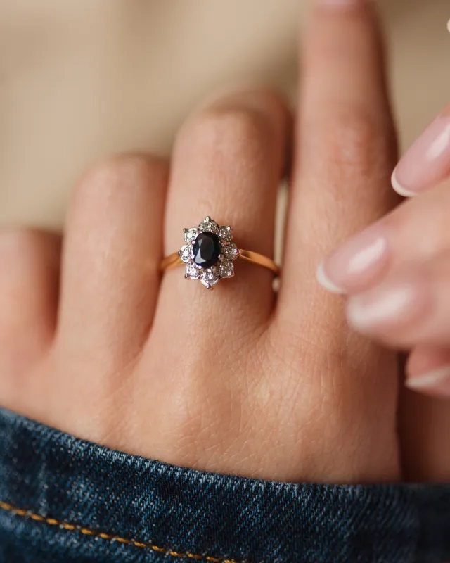 Nancie Vintage 18ct Gold Sapphire & Diamond Cluster Ring sold by Rock n Rose