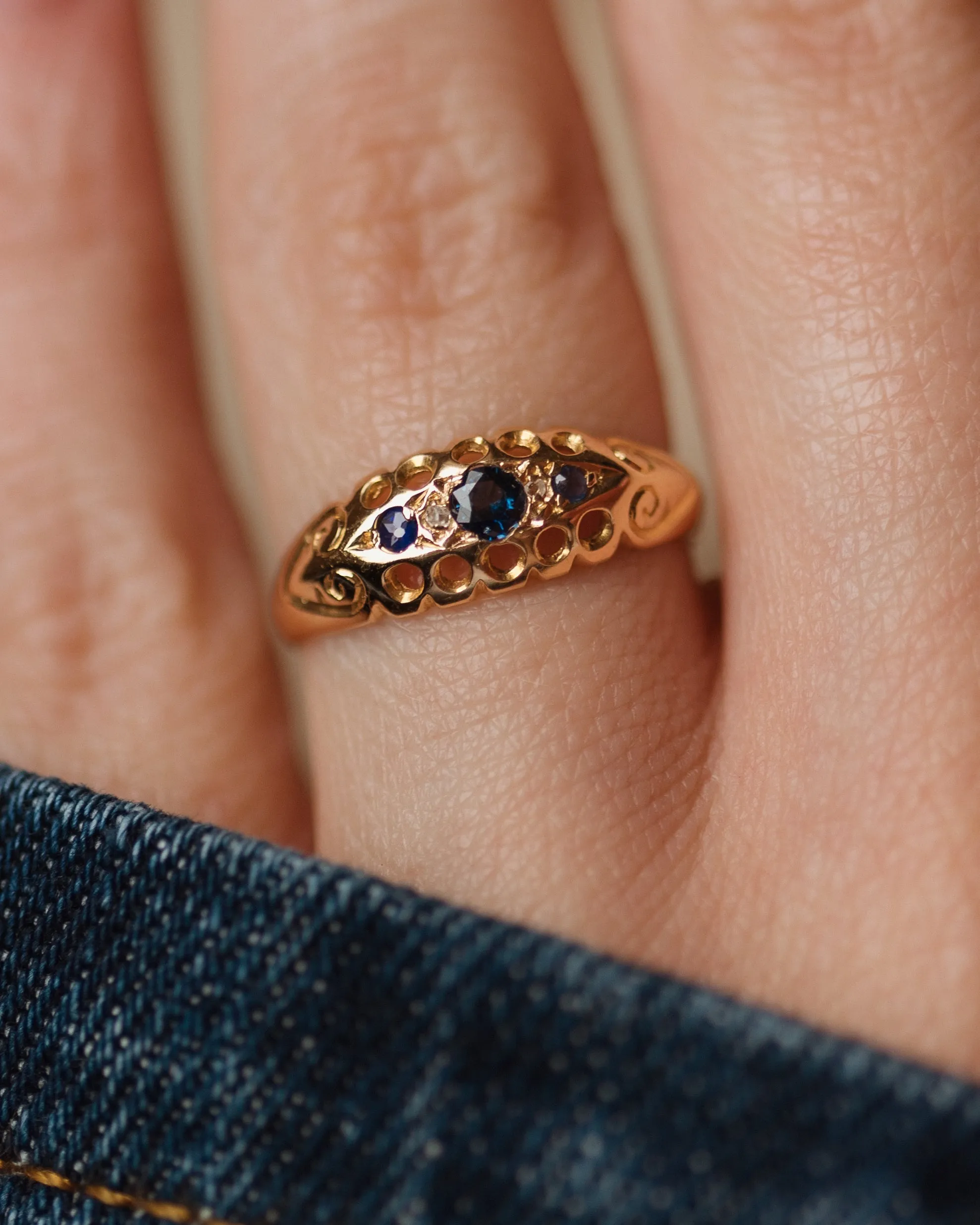 Yvette 1919 Antique 18ct Gold Sapphire & Diamond Five Stone Ring sold by Rock n Rose product image thumbnail 2