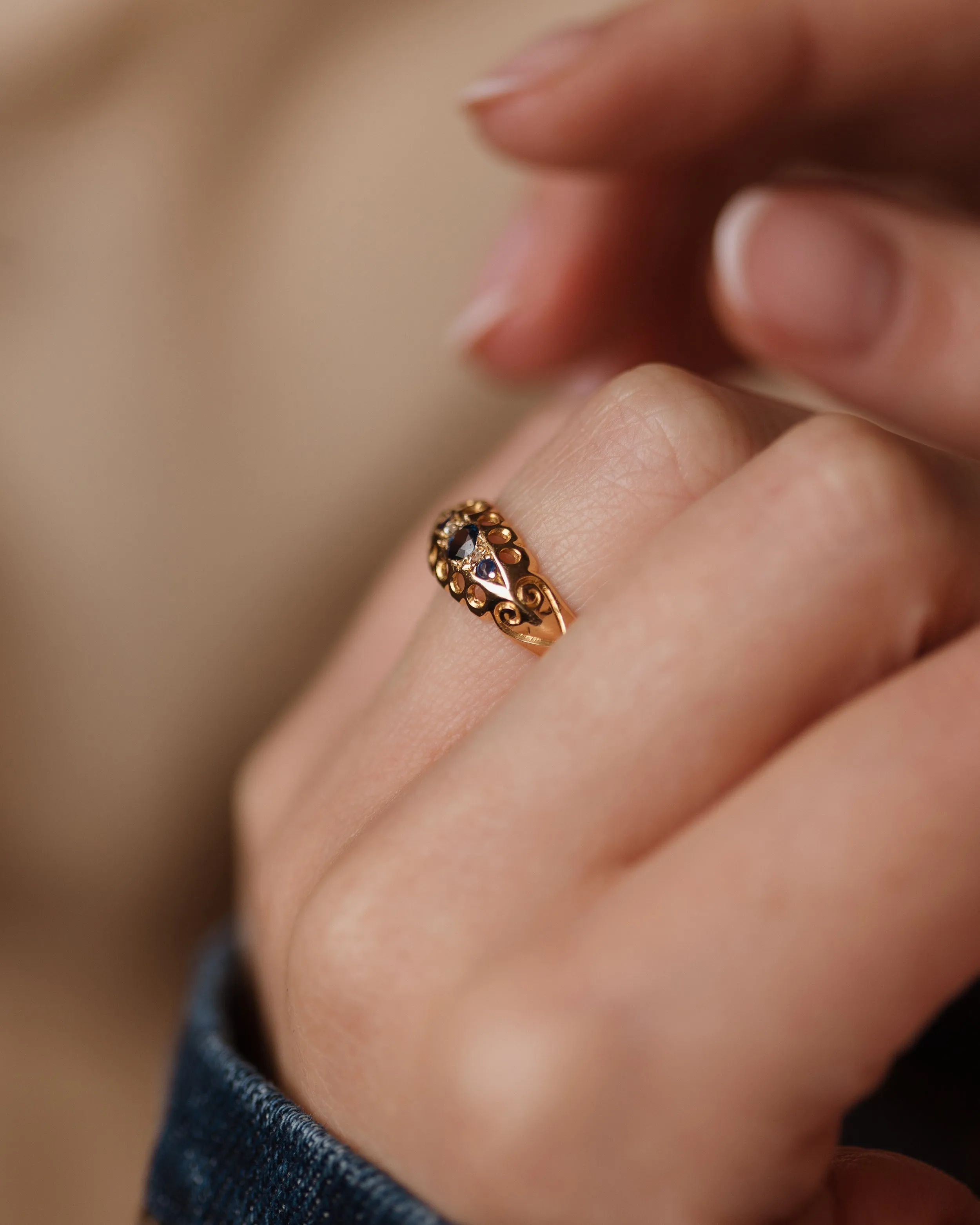 Yvette 1919 Antique 18ct Gold Sapphire & Diamond Five Stone Ring sold by Rock n Rose product image thumbnail 3