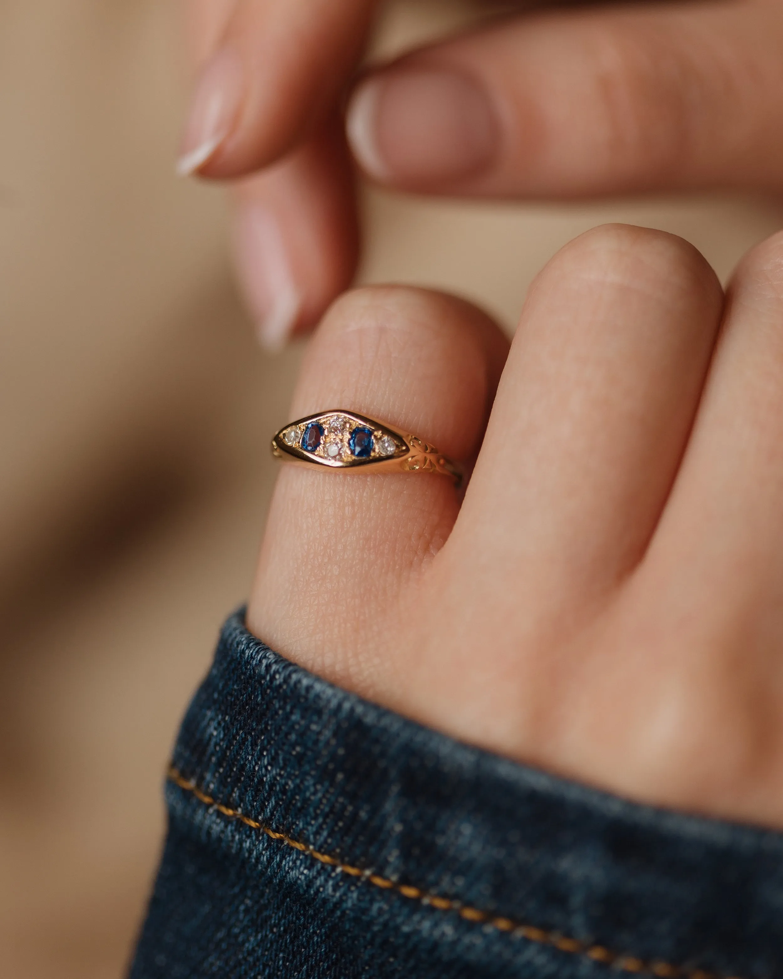 Jeannette Antique 18ct Gold Sapphire & Diamond Six Stone Ring sold by Rock n Rose