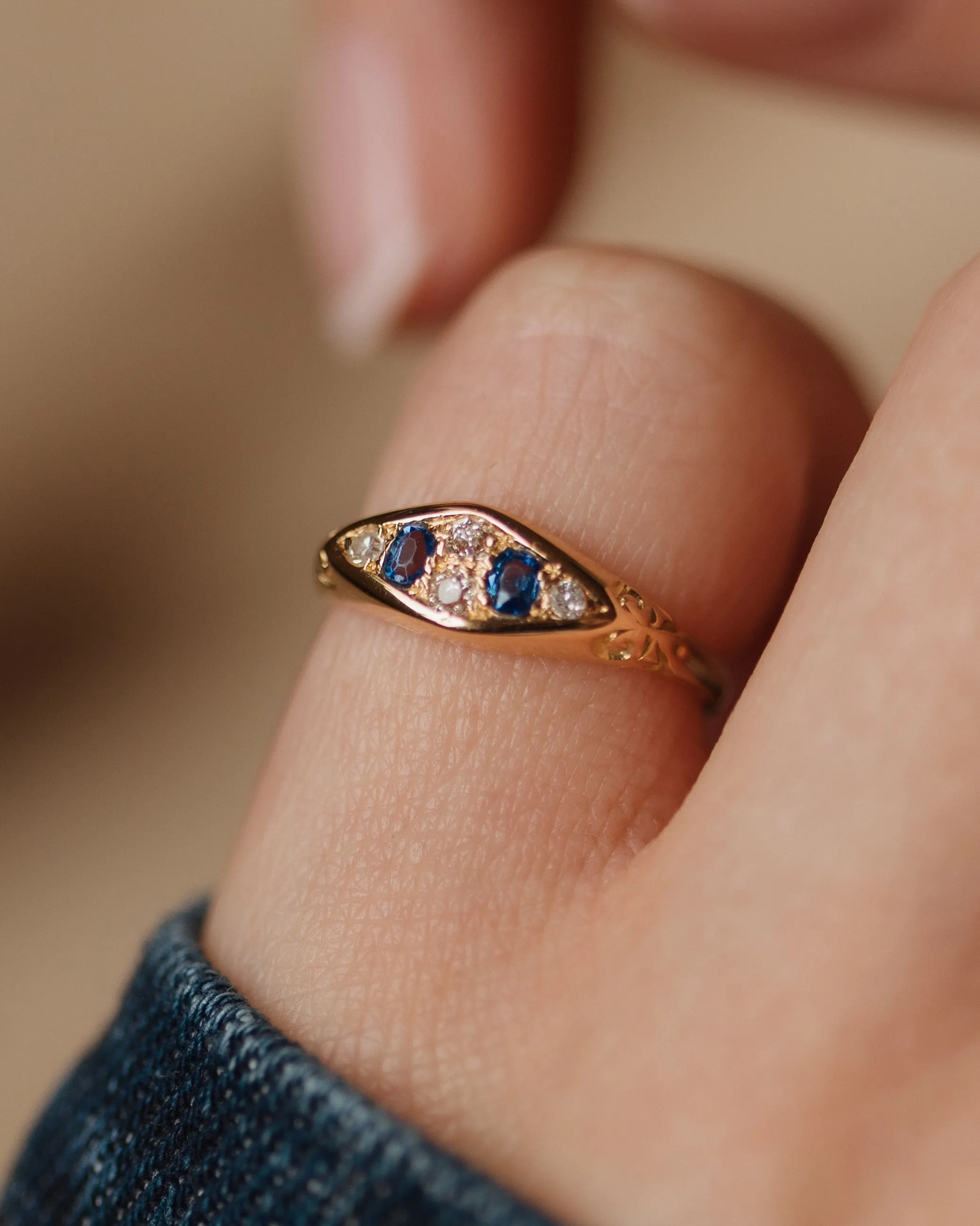 Jeannette Antique 18ct Gold Sapphire & Diamond Six Stone Ring sold by Rock n Rose product image thumbnail 2