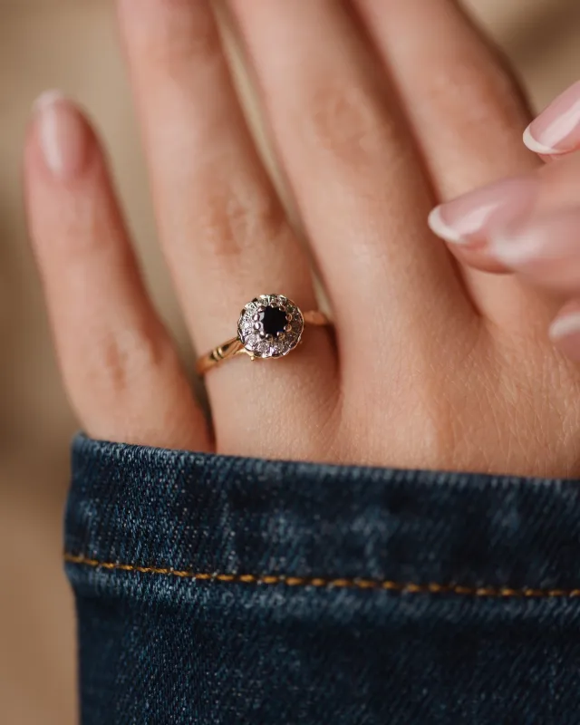 Juliane 1985 Vintage 9ct Gold Sapphire & Diamond Cluster Ring sold by Rock n Rose