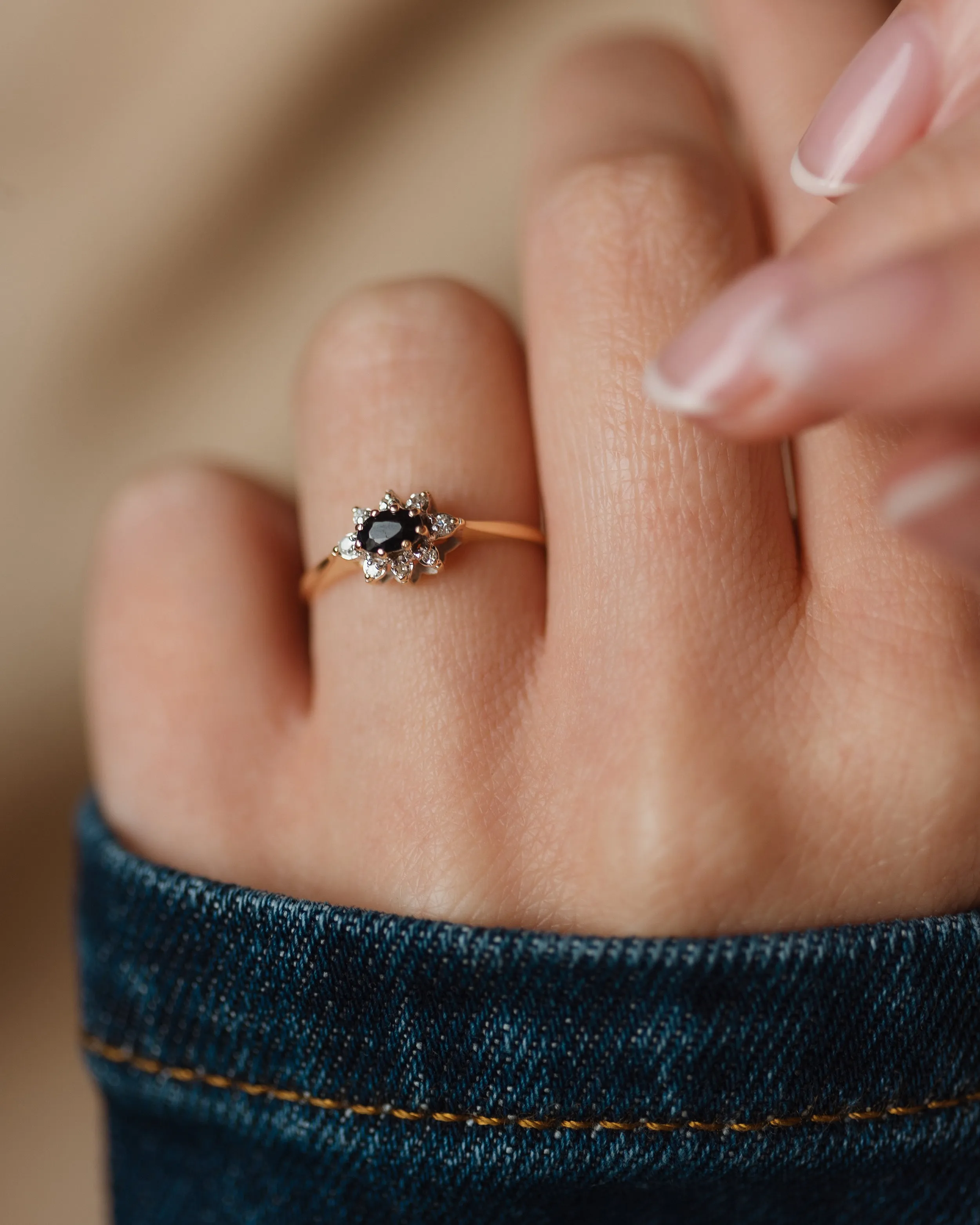 Edithe 1983 Vintage 9ct Gold Sapphire & Diamond Cluster Ring sold by Rock n Rose